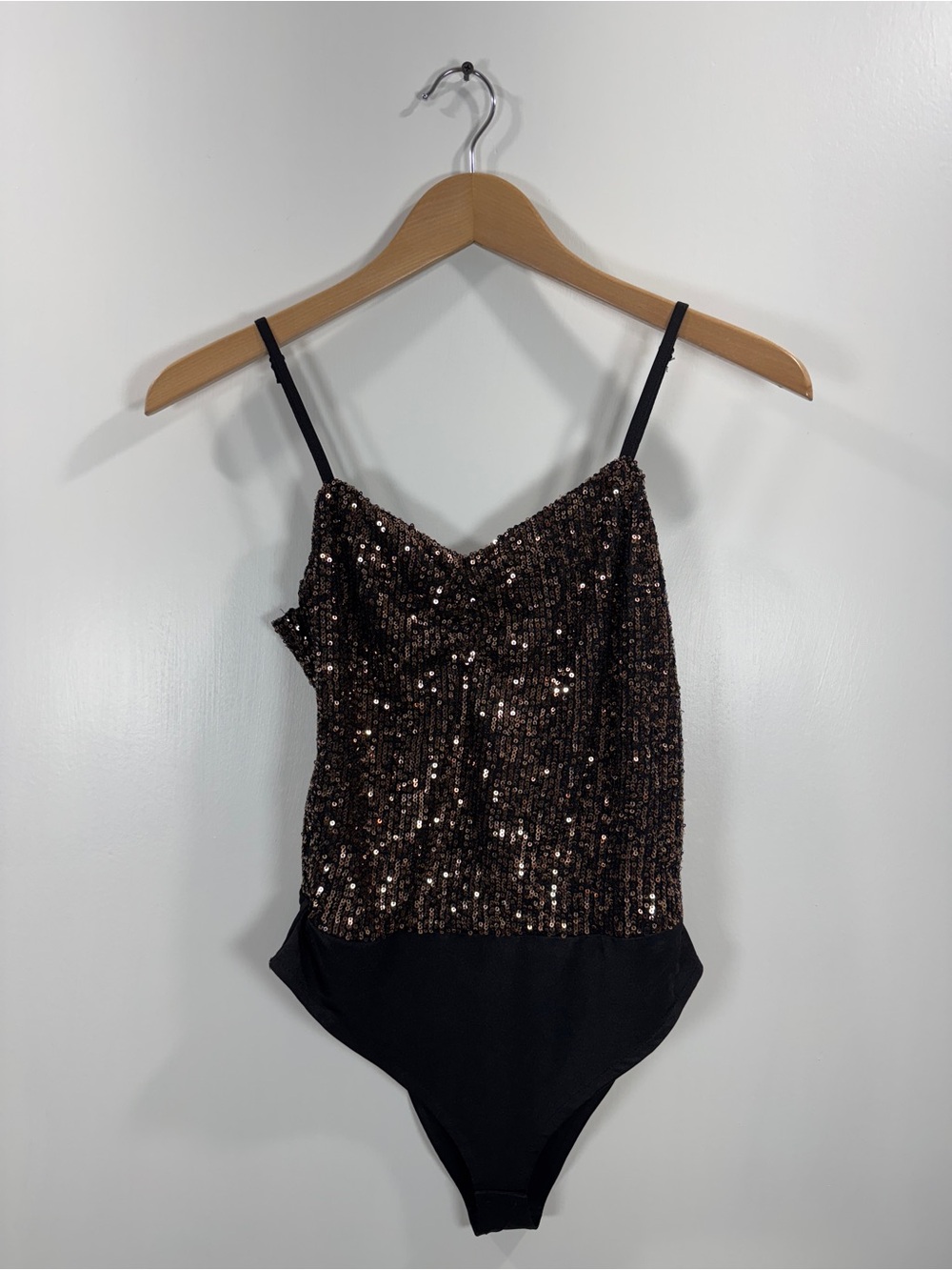 WSH116 {Aqua} Black Gold Full Sequin Ruched Chest Spaghetti Strap Bodysuit Top